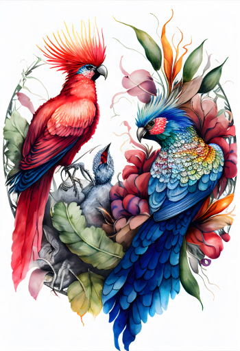 beautiful exotic birds in watercolor painting