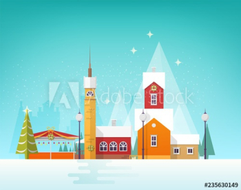 Beautiful view of winter city or town in snowfall
