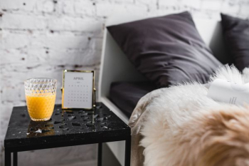 Bedroom interior with marble bedside table Bedroom interior with marble bedside table