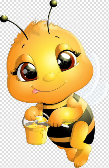 Bee carrying bucket of honey illustration, Bee Cartoon Drawing Illustration, Bee transparent background PNG clipart