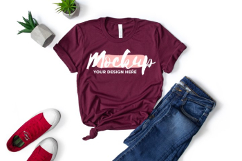 Bella Canvas 3001 Maroon Flat Lay T-shirt Mockup