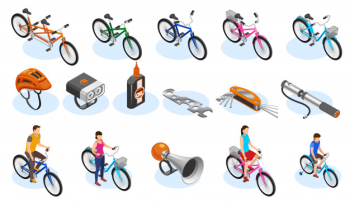 Bicycle isometric icons set with tools accessories and different types of bicycles vector illustration Free Vector