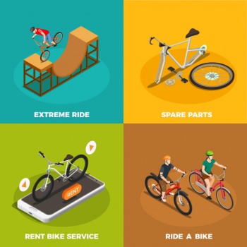 Bicycles isometric  concept with rent bike service spare parts and extreme ride isolated Free Vector