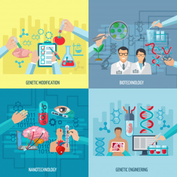 Biotechnology icons concept composition of genetic engineering nanotechnology and genetic modification square elements flat vector illustration Free Vector