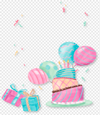 Birthday Party Cake Gift, Cute hand-painted cake party, cake and balloon illustration, watercolor Painting, happy Birthday To You, hand png