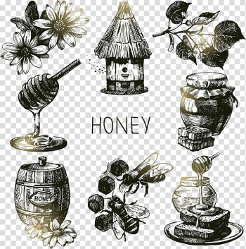 Black and gray honey, honey dipper, bee hive, and honey barrel illustrations, Bee Honey Drawing Illustration, Painted bees and honey transparent background PNG clipart