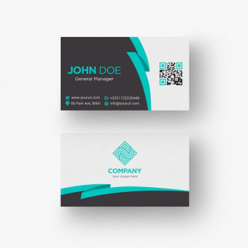 Black and white business card with aquamarine details