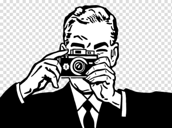 Black and white Camera grapher Illustration, camera focus on shooting characters black and white painting transparent background PNG clipart