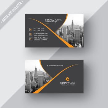 Black business card with orange details