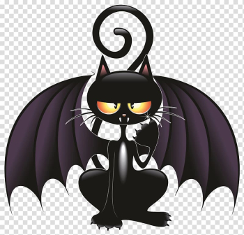 Black cat with wings illustration, Cat Bat Kitten Cartoon, Witch Cat transparent background PNG clipart