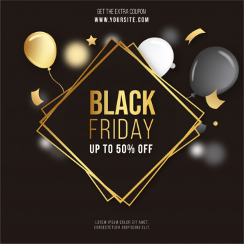 Black friday golden frame with confetti and balloons Free Vector