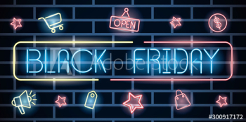 black friday neon label with set icons