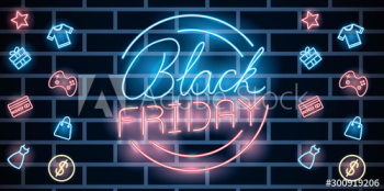 black friday neon label with set icons
