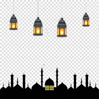 Black lighted lanterns and city building illustration, Ramadan Mosque Islam Eid al-Fitr, Ramadan transparent background PNG clipart