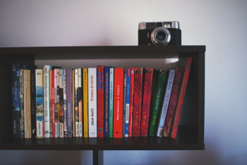 Black Wooden Shelf and Black Camera Black Wooden Shelf and Black Camera