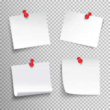 Blank white paper set pinned with red pushpins on transparent background realistic isolated vector illustration Free Vector