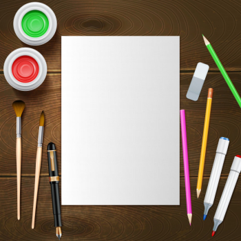 Blank white paper sheet and painter instruments Blank white paper sheet and painter instruments