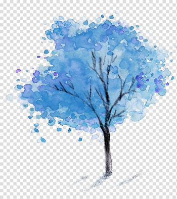 Blue and black tree painting, Template Watercolor painting, Floating petal bubble simple and elegant trees leaves transparent background PNG clipart