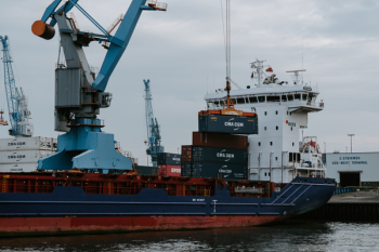 Blue and Red Cargo Ship With Crane Blue and Red Cargo Ship With Crane