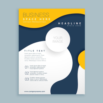 Blue and yellow brochure with wavy shapes Blue and yellow brochure with wavy shapes
