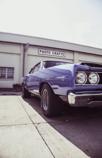 Blue Muscle Car Outside Photo Crafts Building