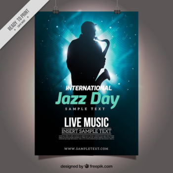 Blue shiny poster with saxophonist silhouette