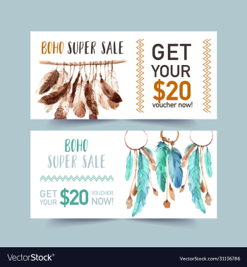 bohemian voucher design with feathers watercolor