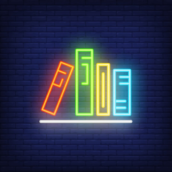 Books on shelf neon sign. Various colorful in row on shelf. Night bright advertisement.