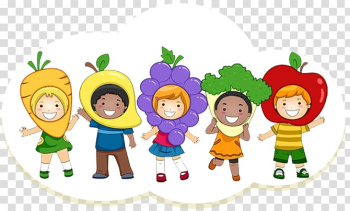 Boy and girl with fruits and vegetable head costume animation, Nutrition Health Child , health transparent background PNG clipart