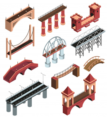 Bridges details isometric elements collection with modern metallic constructions ancient wooden stone viaducts spans isolated vector illustration Free Vector