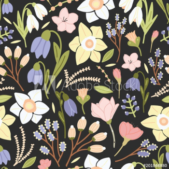 Bright colored seamless pattern with beautiful blooming flowers and inflorescences on black background