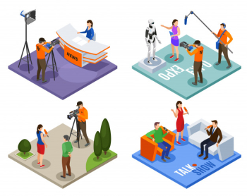 Broadcasting 2x2 design concept set of talk show news expo and street interview isometric compositions vector illustration Free Vector