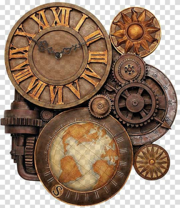 Brown and beige gear analog clock, Steampunk fashion Clock Gear, steampunk gear transparent background PNG clipart