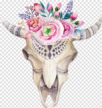 Brown animal skull wall decor illustration, Boho-chic Skull Watercolor painting , skull transparent background PNG clipart