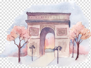 Brown arch painting, Arc de Triomphe Eiffel Tower Arch of Triumph Monument, Cartoon oil painting transparent background PNG clipart