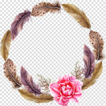Brown feather wreath illustration, Wreath Watercolor painting Garland, Feather wreath transparent background PNG clipart