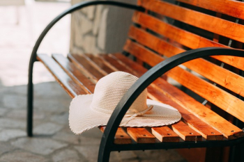 Brown Sun Hat on Bench Brown Sun Hat on Bench
