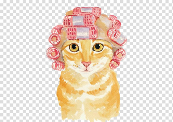 Brown tabby cat with pink hair curlers painting, Siamese cat Kitten Watercolor: Animals Watercolor painting, A strange cat transparent background PNG clipart