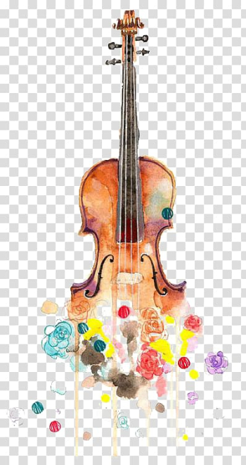 Brown violin with flowers illustration, Violin Drawing Watercolor painting Music Cello, violin transparent background PNG clipart