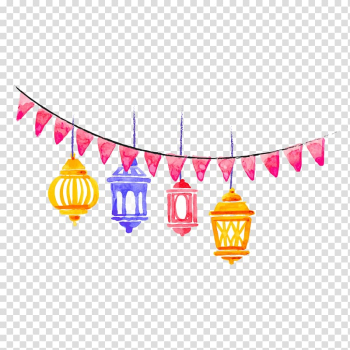 Building Islam Illustration, Hand painted watercolor Islamic lighting illustration, yellow, pink, and blue lanterns illustration transparent background PNG clipart