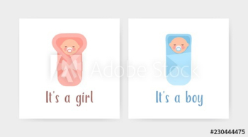 Bundle of square greeting card templates with swaddled newborn infants and It's a Boy or It's a Girl lettering