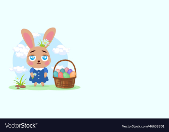 bunny girl in a blue dress with a basket of easter