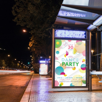 Bus stop billboard mockup in city at night