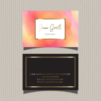 Business card with gold border and watercolors