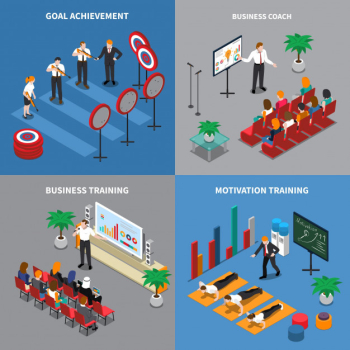Business coaching concept 4 isometric compositions with motivation confidence communication skills training goals setting achieving Free Vector