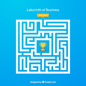 Business concept with labyrinth and worker Business concept with labyrinth and worker