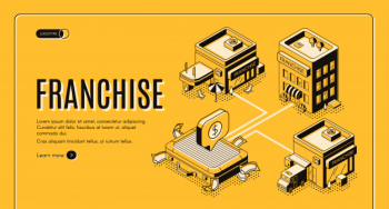 Business franchise isometric vector web banner, landing page. Free Vector