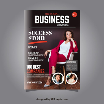 Business magazine cover template with model posing