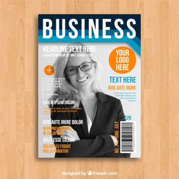 Business magazine cover template with model posing