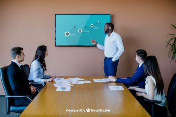 Business meeting with tv mockup